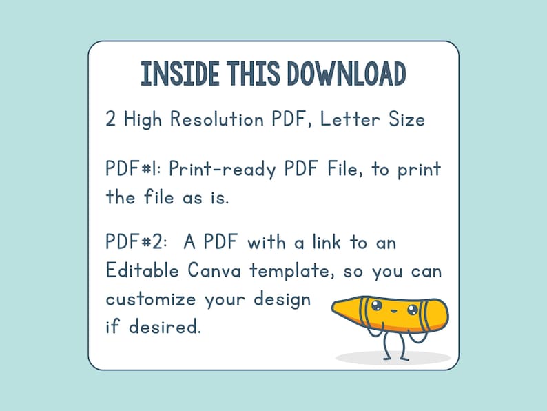 May include: A digital download graphic with the text "INSIDE THIS DOWNLOAD" and details about the included files. It features a cute yellow crayon illustration. The download includes two high-resolution PDF files.