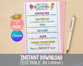 Editable Back to School Survival Kit Tag, Printable First Day of School Survival Kit Gift Tag, 1st Day of School Student Survival Kit Treat