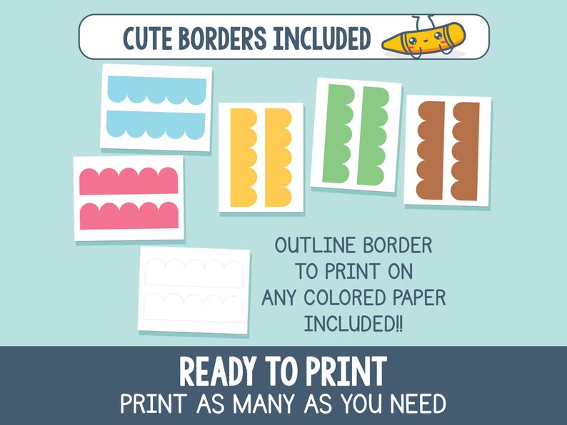 Pu&ograve; includere: Una collezione di bordi colorati a forma di conchiglia in blu, rosa, giallo, verde e marrone. Il testo recita "CUTE BORDERS INCLUDED" e "READY TO PRINT". L'immagine include anche il testo "OUTLINE BORDER TO PRINT ON ANY COLORED PAPER INCLUDED!!".