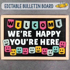 Welcome Back To School Bulletin Board, Editable Bulletin Board Ideas, Elementary Welcome Banner Smiley, Happy Youre Here Classroom Door Sign