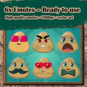May include: A digital graphic showing six cartoon emotes with different expressions. The emotes are tan-coloured, teardrop-shaped characters with accessories like sunglasses, a moustache, and a bow tie. Text at the top reads "6x Emotes - Ready to use."