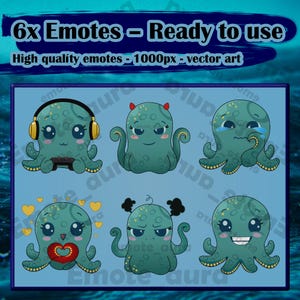 Oktopus Emote Pack – 6 süße Streamer Emotes + Bonus GIF | Twitch Discord Kick YouTube | Handgezeichnet | Kommerzielle Nutzung | Vektorgrafik