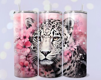 Pink Leopard Tumbler Wrap PNG 20oz Straight Skinny Tumbler Watercolor Flowers Sublimation Tumbler Design Drink Container Design