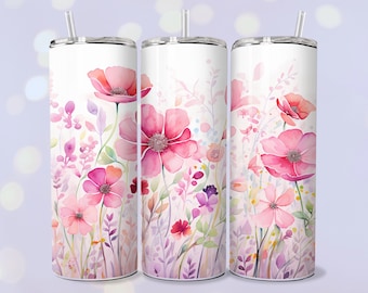 Pink Wildflower Tumbler Wrap PNG 20oz Straight Skinny Tumbler Watercolor Flowers Sublimation Tumbler Design Drink Container Design