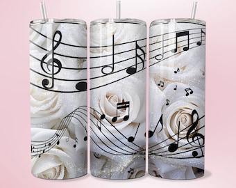 3D Music Note Tumbler Wrap White Roses PNG 20oz Straight Skinny Tumbler Sublimation Template White Floral PNG Design Music Lover Gift