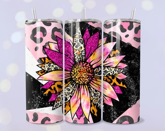 Pink Sunflower Tumbler Wrap Leopard Print PNG 20oz Straight Skinny Tumbler Wrap Pink Floral Sublimation Template Summer Tumbler Gift for Her