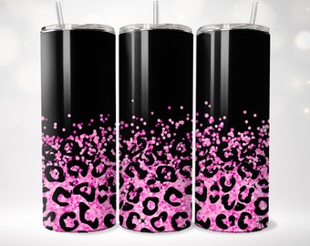 Pink Leopard Tumbler Wrap PNG 20oz Straight Skinny Tumbler Pink Glitter Sublimation Tumbler Template Design Leopard PNG Gold Glitter PNG