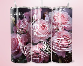 3D Music Note Tumbler Wrap Pink Roses PNG 20oz Straight Skinny Tumbler Wrap Sublimation Pink Floral PNG Digital Download Music Lover Gift