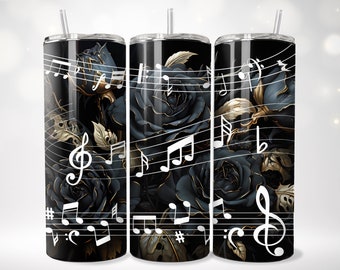 Music Note Tumbler Wrap PNG 20oz Straight Skinny Tumbler Black Roses Sublimation Flower PNG Tumbler Design Music Lover Gift