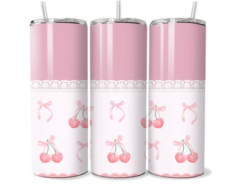 Coquette Cherry Tumbler Wrap Trendy Bow PNG 20oz Skinny Tumbler Template Sublimation Summer Wedding Coquette Gift Soft Girl Era Dollcore