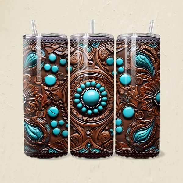 3D Western leather Tumbler Wrap Turquoise Stone Jeweled PNG 20oz Straight Skinny Tumbler Sublimation Design Template Boho PNG Gift for Her