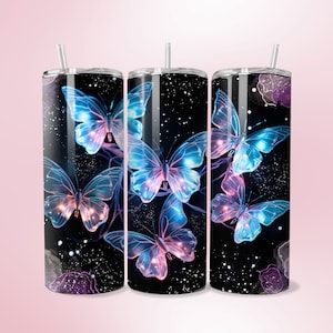 Glowing Butterfly Tumbler Wrap PNG 20oz Straight Skinny Tumbler Wrap Sublimation Flying Butterflies Design PNG Butterfly Gift Bug PNG