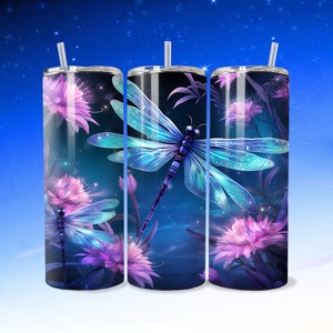 Neon Dragonfly Tumbler Wrap PNG 20oz Straight Skinny Tumbler Wrap Sublimation Purple Floral Design PNG Dragonfly Lover Gift for Her Bug PNG