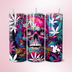 Skull Weed Tumbler Wrap PNG Pink Psychedelic Tumbler Wrap Sublimation 20oz Straight Skinny Tumbler Wrap Design Cannabis PNG Pot Head Gift
