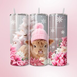 Highland Cow Tumbler Wrap Christmas PNG 20oz Skinny Tumbler Sublimation Cow Tumbler Template Pink Poinsettia PNG Cow Lover Gift for Her