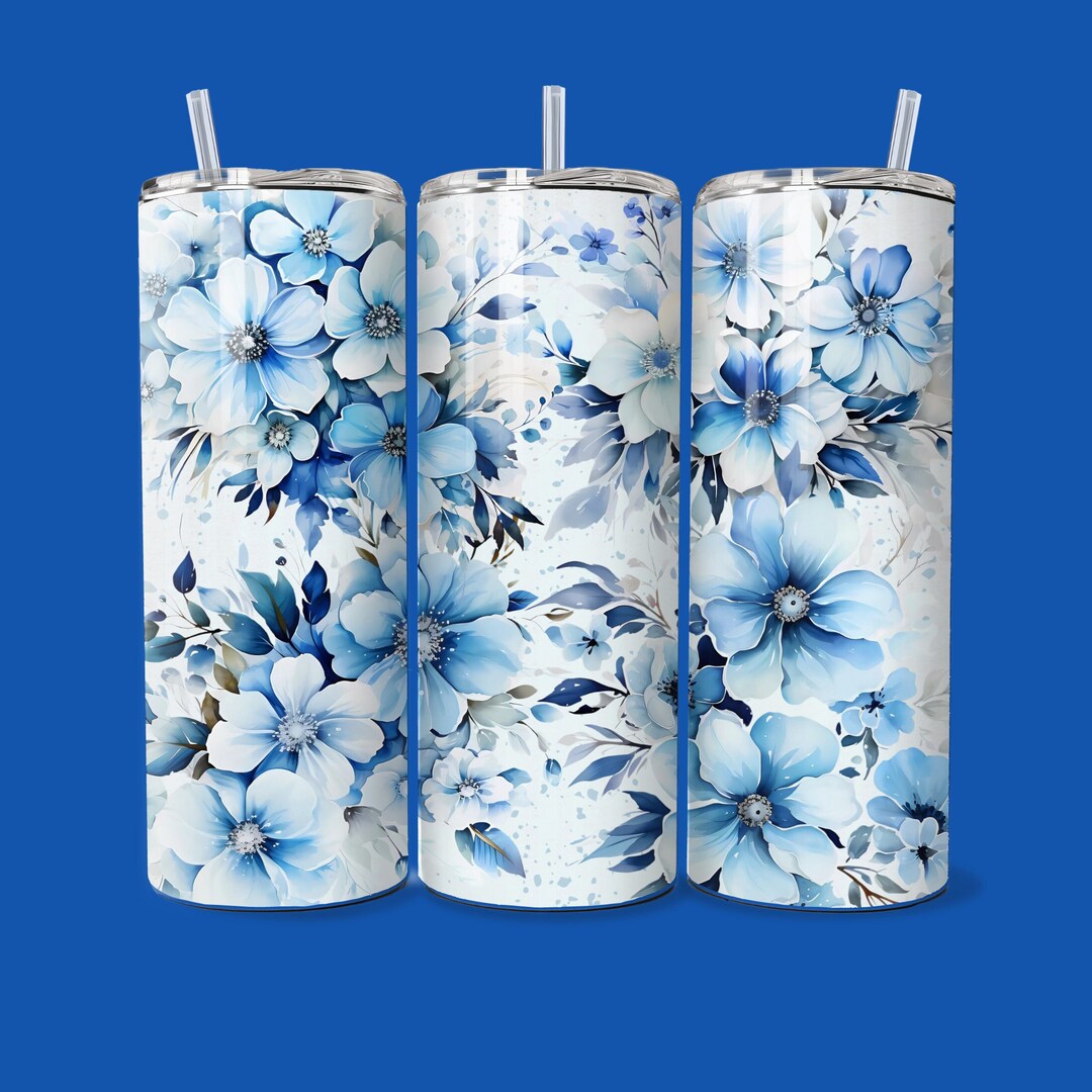 Blue Floral Tumbler Wrap Watercolor Flower PNG 20 Oz Skinny Tumbler ...