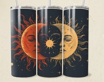 Envoltura para vaso de sol y luna, diseño místico de luna PNG de 20 oz, delgada y recta, plantilla de sublimación, diseño espiritual celestial, regalo de luna y estrella.