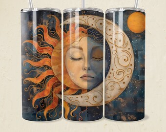 Envoltura para vaso bohemia de sol y luna, diseño PNG de 20 oz, delgada y recta, plantilla de sublimación, diseño celestial, luna mística, sol, regalo