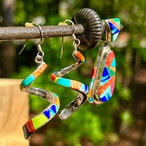 Signed Calvin Begay Navajo Vintage Multi Stone Inlay Sterling Silver Set