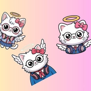 Kawaii Angel Cat Sticker –Cute Angel Cat Kawaii Clipart | Chibi Cat with Glasses and Wings | Digital Download PNG