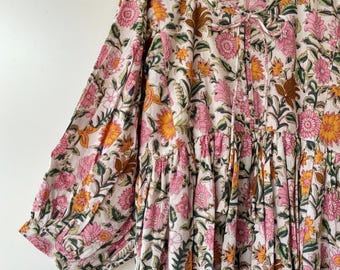 Weißes Blümchen Block Print Kyra Midi Kleid | Boho Baumwollkleid für Frauen |Kleider für Frauen |String Näher Kleid |Kurze lange Kleider,Geschenke