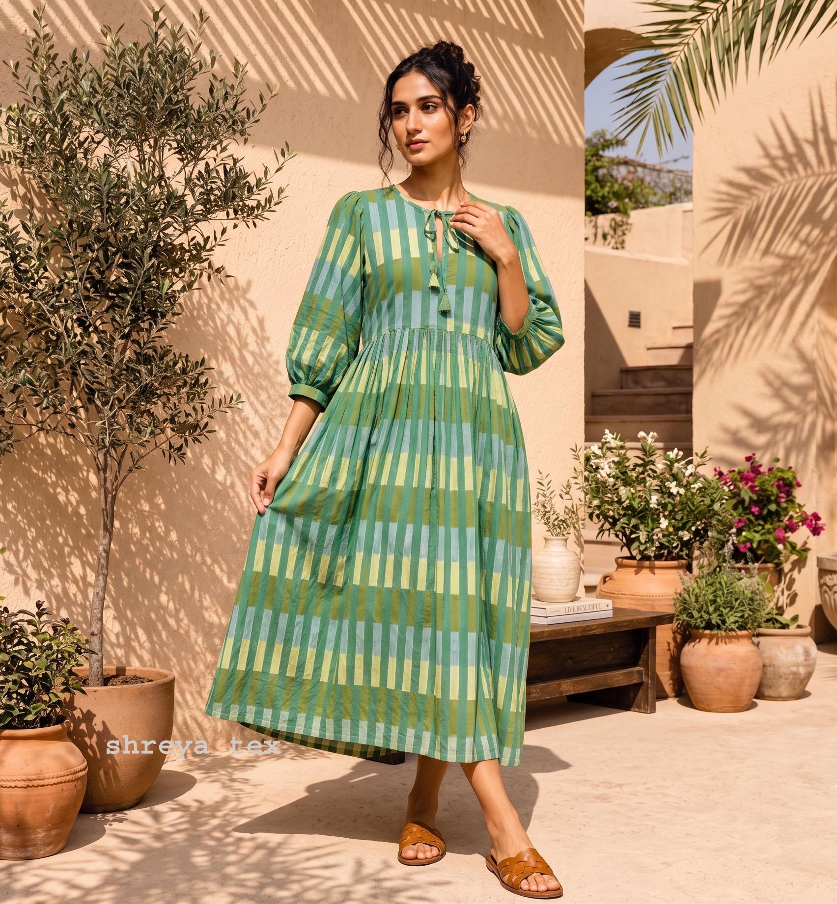 Block Print Dress Green Blue