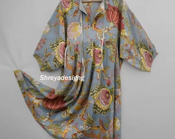 Graues Blümchen Block Print Kyra Midi Kleid | Boho Baumwollkleid für Frauen |Kleider für Frauen |String Näher Kleid |Kurze lange Kleider,Geschenke