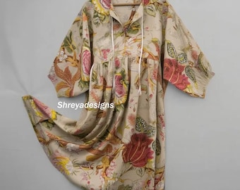 Beige Blumen Block Print Kyra Midi Kleid | Boho Baumwollkleid für Frauen |Kleider für Frauen |String Näher Kleid |Kurze lange Kleider,Geschenke