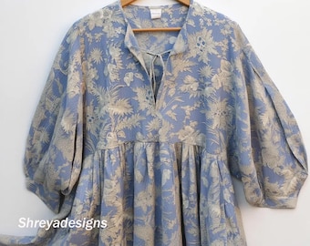 Blaues Blümchen Block Print Kyra Midi Kleid | Boho Baumwollkleid für Frauen |Kleider für Frauen |String Näher Kleid |Kurze lange Kleider,Geschenke