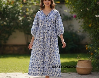 Weißes Blümchen Block Print Kyra Midi Kleid | Boho Baumwollkleid für Frauen |Kleider für Frauen |String Näher Kleid |Kurze lange Kleider,Geschenke