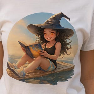 Beach Witch Reading T-Shirt | Cute Summer Witch Tee for Book Lovers | Fantasy Witchy Shirt Gift | Printful Unisex Tee