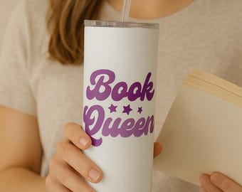 Vaso de acero inoxidable Book Queen: escritura morada, regalo para amantes de los libros