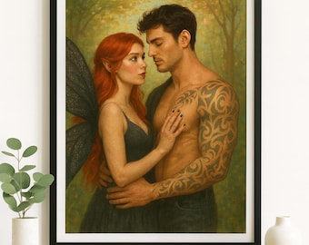 May include: A framed art print featuring a couple in a romantic embrace. The woman has red hair and black fairy wings. The man has a large tattoo on his arm. The background is a soft, green forest.