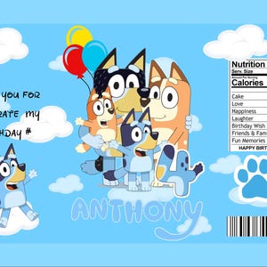 Puede incluir: Gráfico de cumpleaños azul claro con personajes de dibujos animados, globos y el nombre "Anthony". El texto incluye "Gracias por celebrar mi cumpleaños #" y "¡Feliz cumpleaños!" También hay una etiqueta de información nutricional.