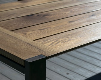 Outdoor Beveled Profile White Oak 'Hudson' Dining Table, Steel Frame, Custom (shipping/delivery not included in price)