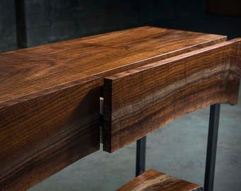 Walnut "Waterfall" Console Table with Live Edge Drawer, Steel "H" Legs and Live Edge Shelf (shipping/delivery not included)