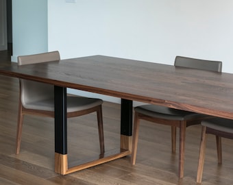 Walnut 'BLEND' Dining Table, "Floating" Wide-Set Wood-Capped Steel Legs, For Custom Order Only