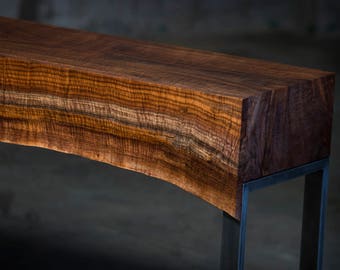 Walnut "Waterfall" Console Table with Live Edge Drawer, Steel "H" Legs and Live Edge Shelf (shipping/delivery not included)