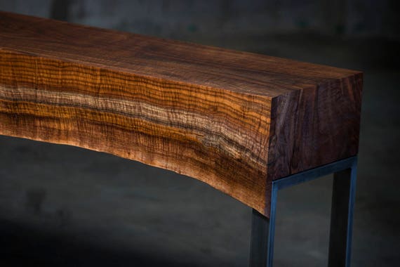 Walnut waterfall Console Table With Live Edge Drawer Steel h Legs