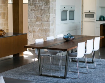 Walnut and Steel 'MARTIS' Dining Table, Steel Trapezoid Legs, For Custom Order Only