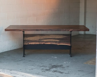 Live Edge Walnut 'YUKARI' Dining Table, Bookmatched Live Edge Slab Dining Table, Plate Steel Base w/ Slab Stretcher, For Custom Order Only