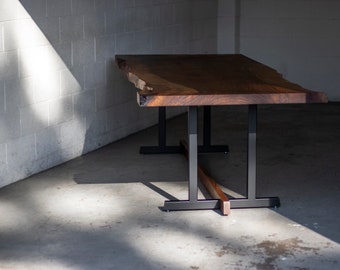 Live Edge Walnut 'EMBLEM' Dining Table, Steel and Wood Trestle Base, For Custom Order Only