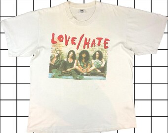 Vintage 1989 Love/Hate Band T-Shirt XL | Cream Single Stitch Rock Tee | Graphic 80s Metal Shirt w/ Lee Tag