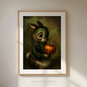 Frankenstine Bunny Caramel Apple Printable Art, Digital Whimsical Halloween Pet Portrait, Vintage Style Animal Wall Art, Instant Download