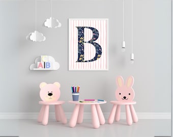 Floral Monogram B Printable, Girls Nursery Wall Art, Alphabet Letter Art, Pink Stripe Nursery Decor, Instant Wall Art, Initial Print