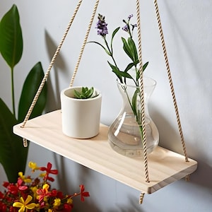 Wooden Hanging Wall Shelf with Rope, Flower Pot Holder & Storage Rack, Boho Wall Decor for Plants, Home and Room Decoration