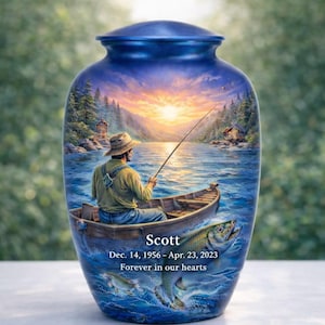 Personalized Fisherman Cremation Urn Set with Keepsakes – Sunset Lake Fishing Memorial Urn for Ashes – Custom Name & Dates – Matching Set