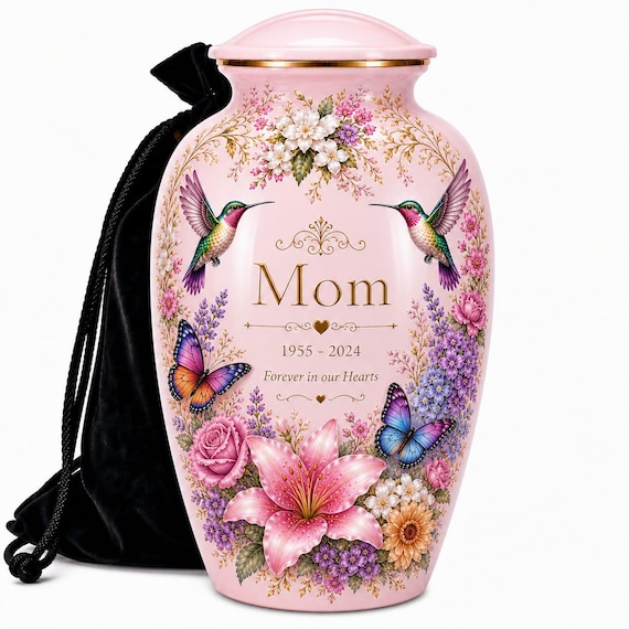 Personalized Hummingbird Pink Cremation Urn Set for Mom with Keepsakes, Floral Memorial Urn, Adult Ashes Urn, Sympathy Gift, Human Ashes Urn