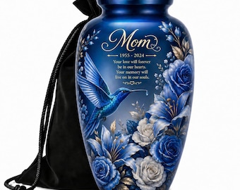 Conjunto de urna conmemorativa personalizada con colibrí azul para mamá, urna de cremación personalizada con recuerdo a juego, urna floral de aluminio para cenizas, regalo de condolencia