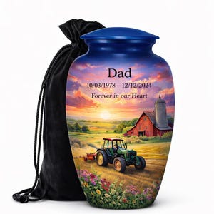 Urna de cremación personalizada con diseño de tractor agrícola para cenizas: urna conmemorativa con nombre y fecha personalizados, con 4 miniurnas de recuerdo y diseño de paisaje al atardecer.